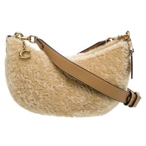 Coach Mira Shearling Crescent Shoulder Bag beige shearling glovetanned leather